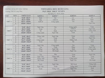 Thời khóa biểu học buổi sáng dạy học trực tuyến