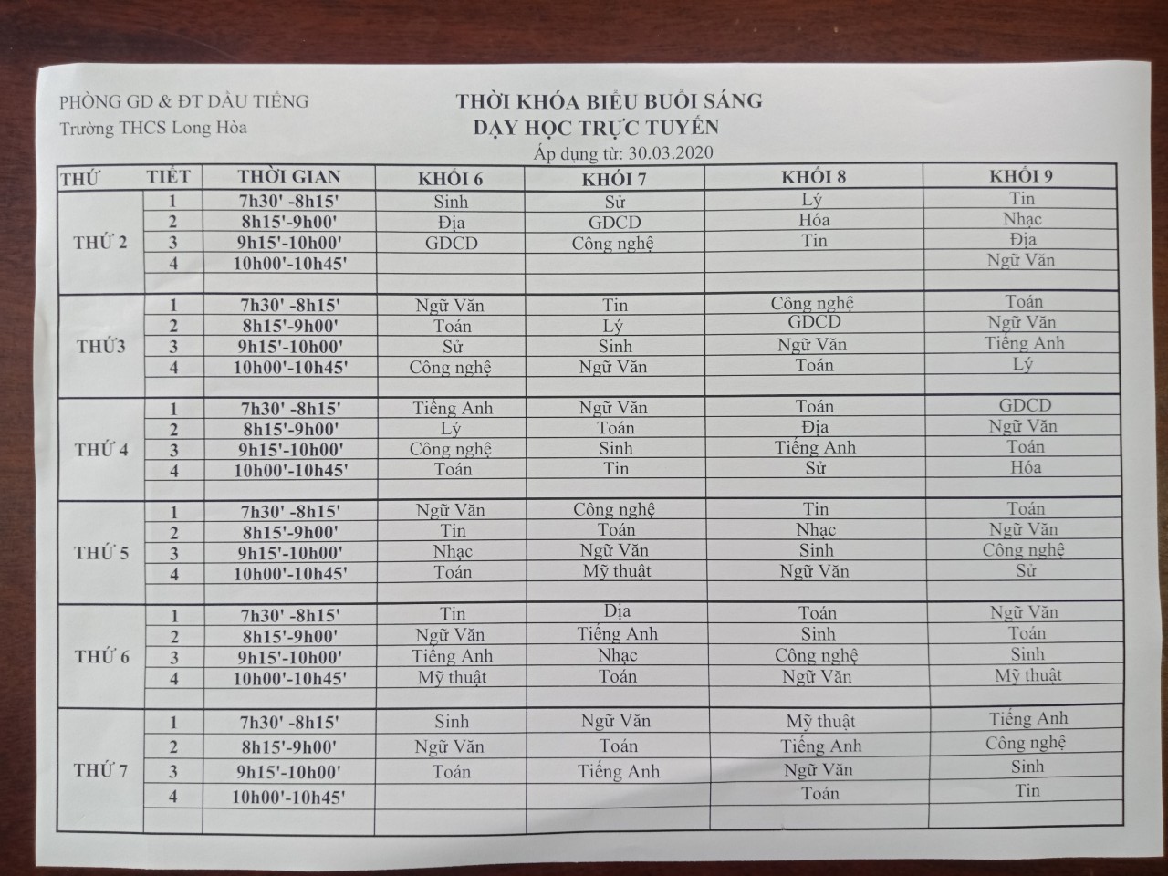 Thời khóa biểu học buổi sáng dạy học trực tuyến